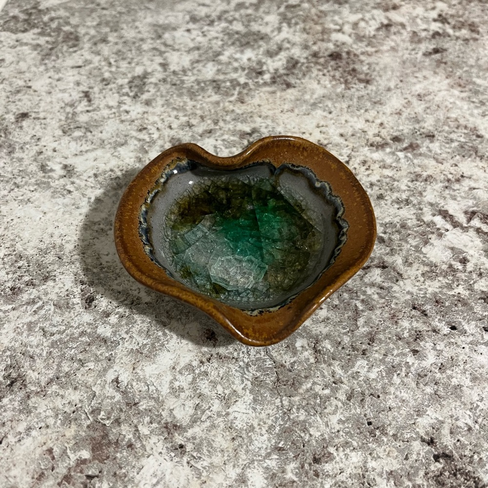 Handmade Heart-Shaped Ceramic Dish Brown Green Glass Glossy Art Pottery